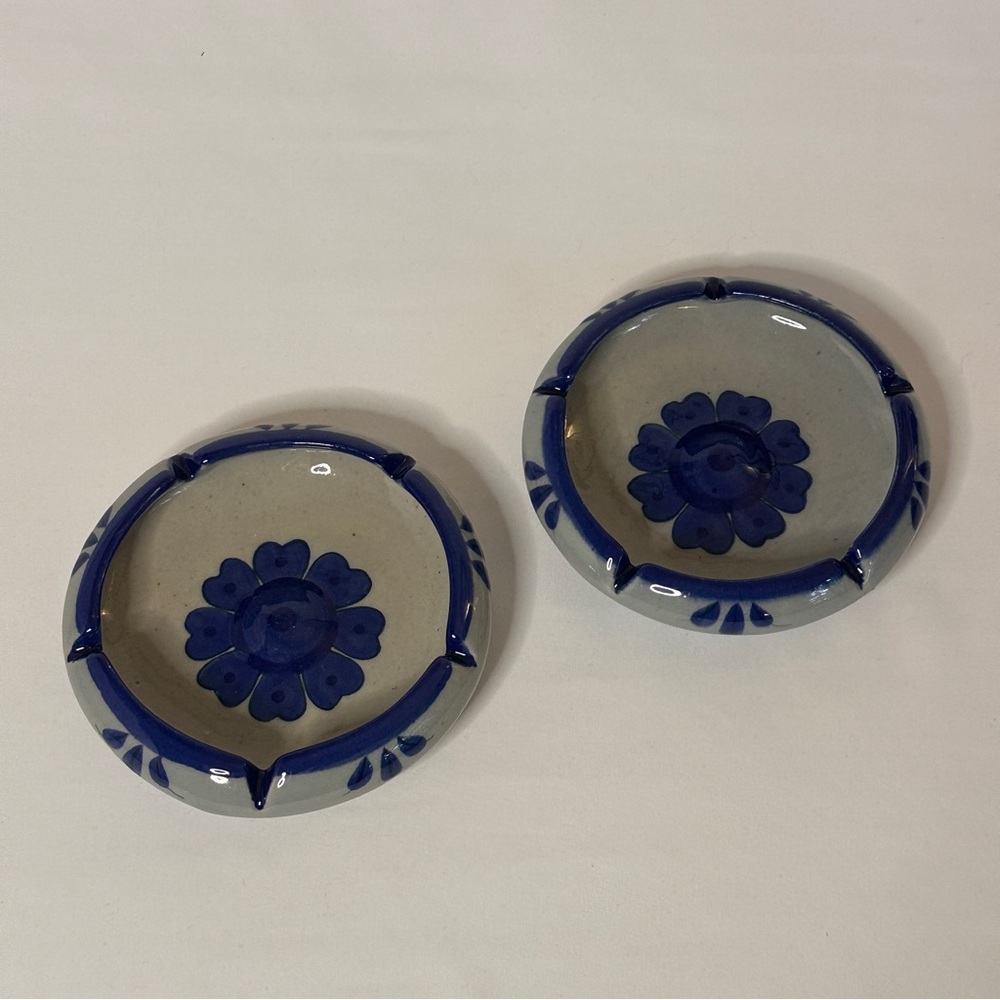 2 Blue Round Flower Ashtrays Palomar Mexico Pottery